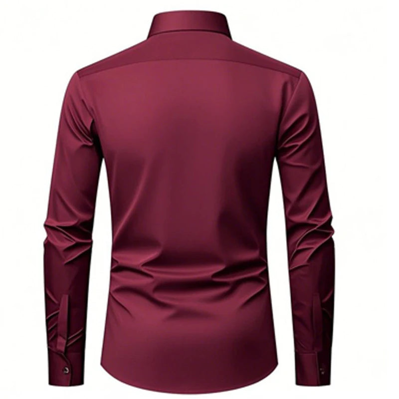 Hot New Mens Formal Shirts Long Sleeve Solid Color Anti-Wrinkle Stretch Fashion Business Free Slim Fit Office Social White Shirt
