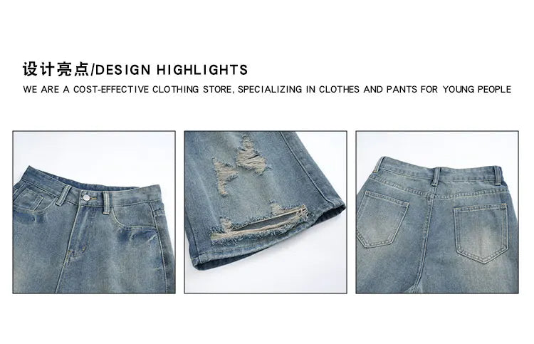 Men Blue Ripped Denim Shorts Summer New American High Street Casual Loose Zipper Pants Fashion Versatile Wide-Leg Trousers