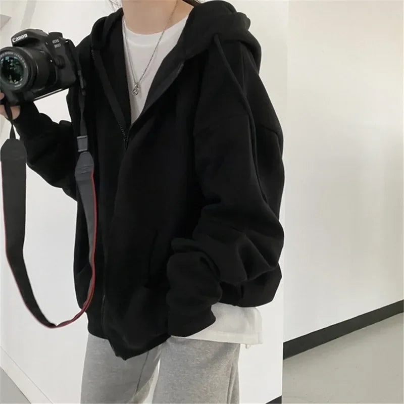 Women Solid Hoodies Coat Harajuku Basic Long Sleeve Spring Autumn Loose Zip Up Casual Oversized Sweatshirts Jacket with Pocket
