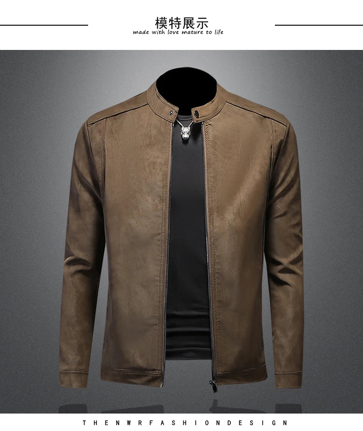 2025 new high-quality slim fit leather jacket, men's casual stand up collar motorcycle leather jacket,