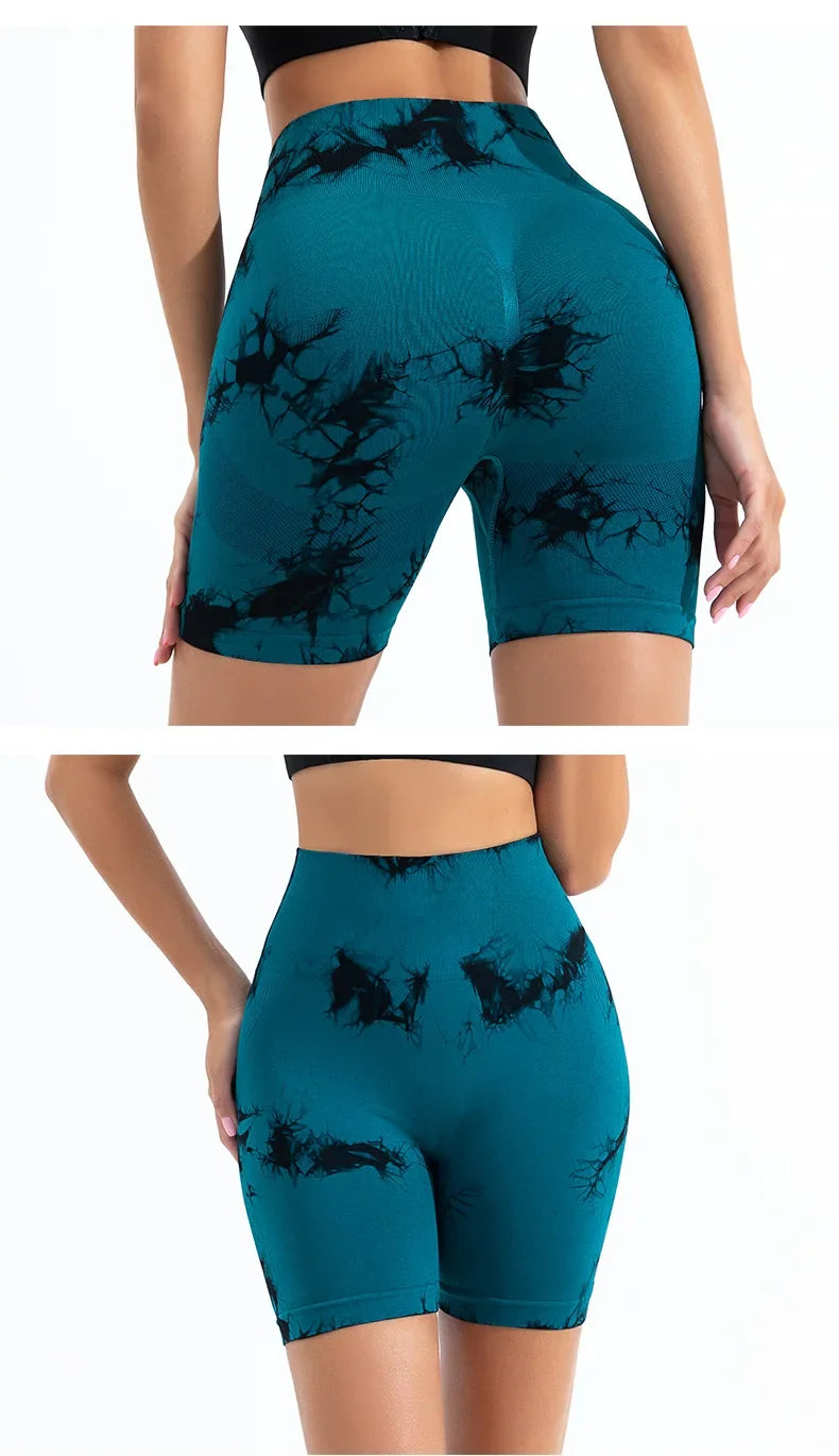 High Waist Yoga Shorts Women Seamless Push Up Shorts Gym Workout Running Shorts Tie Dye  Fashion Knit Slim Three Point Pants