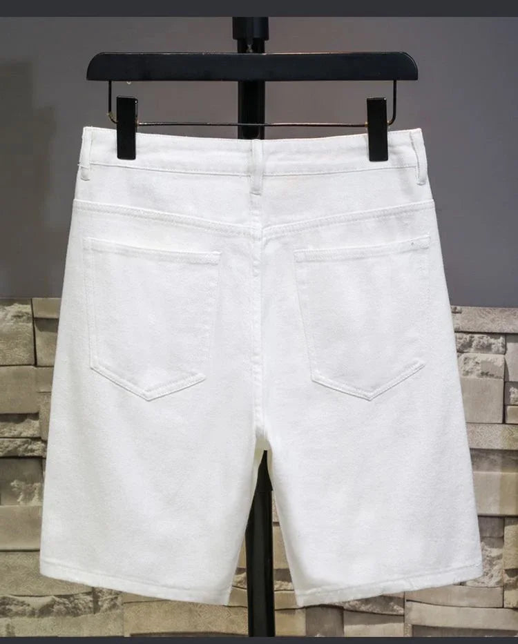 Streetwear Ripped Fashion Denim Shorts Men Summer Simple Hole Knee Length Pants Solid Straight Casual Short Jeans Male Shorts