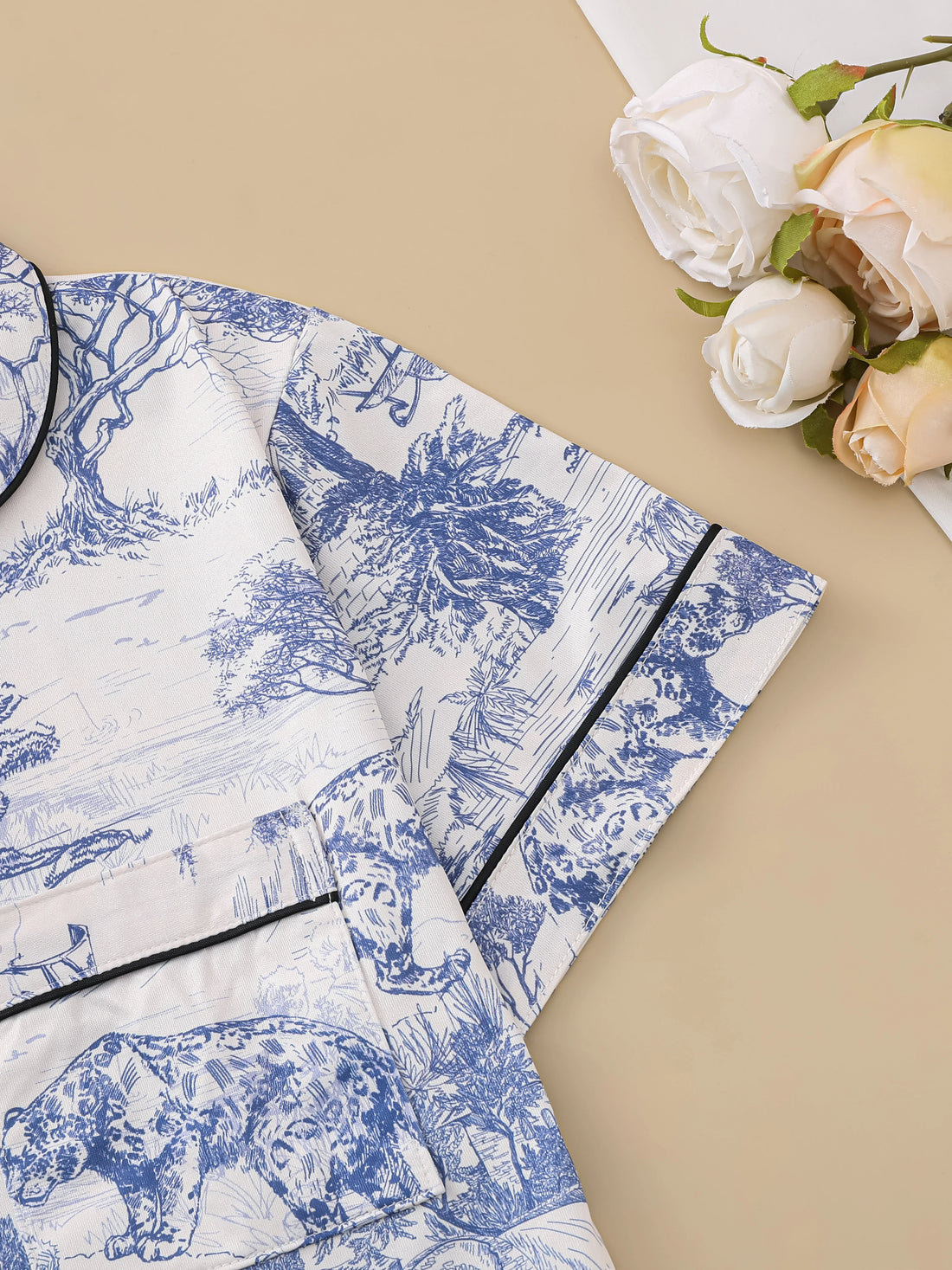 Natural animal print pajama set comfortable short-sleeved lapel top and elasticated waistband shorts women's loungewear