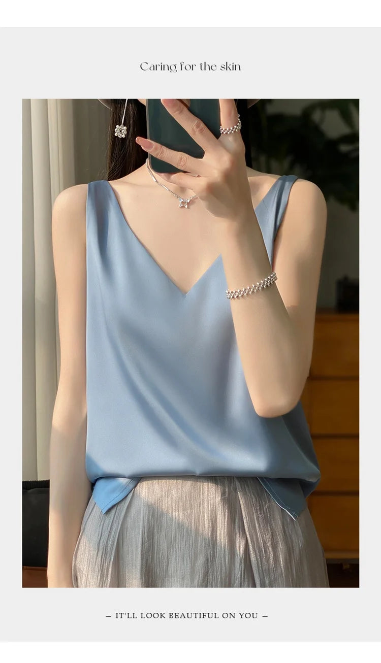 2024 New Silk Satin Women's Tank Top Basic V-neck Multi Color White Black Women's Sleeveless Top Summer Sexy Bottom