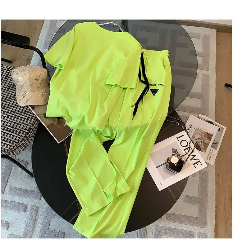 25 Summer New Fashionable Women's Set Loose Fashion Top+Sports Wide Leg Pants Two Piece Set