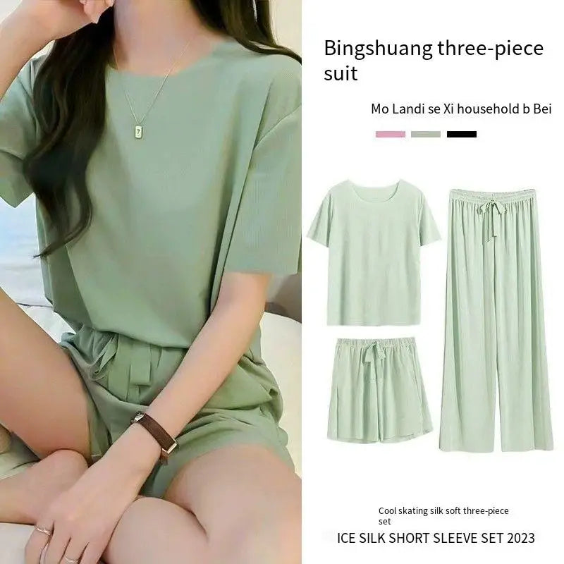 Ice Silk Pyjamas Three-Piece Set Women's Female Home Wear Trousers Simple Leisure Comfortable Loose Short-Sleeved Girl Sleepwear