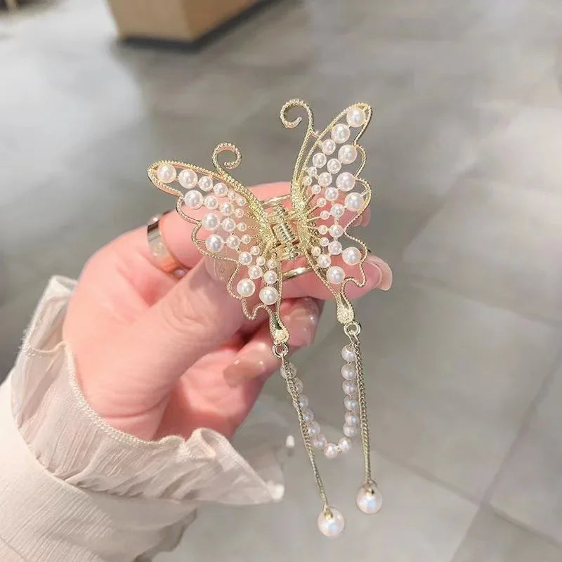 New Exquisite Rhinestone Butterfly Fringe Hair Claw Clips Korean Ponytail Braid Pearl Hairpin Girl Crab Metal Headdress Gift