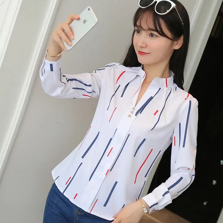 Stripe Women Blouse Fashion Standing Collar Women's Shirt Long Sleeved Shirts and Blouses Printing Ladies Tops Basic Womens Tops