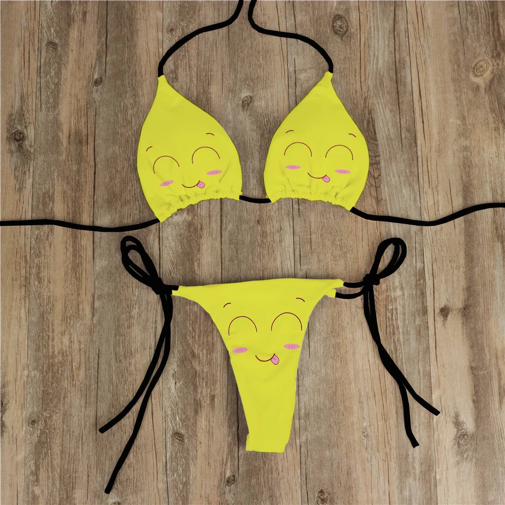 Sexy Bikini Set Yellow Swimsuit Cartoon Print  Fashion Sweet Women's Bra Swimsuit Deep V Summer Beachwear Party Bikini suit