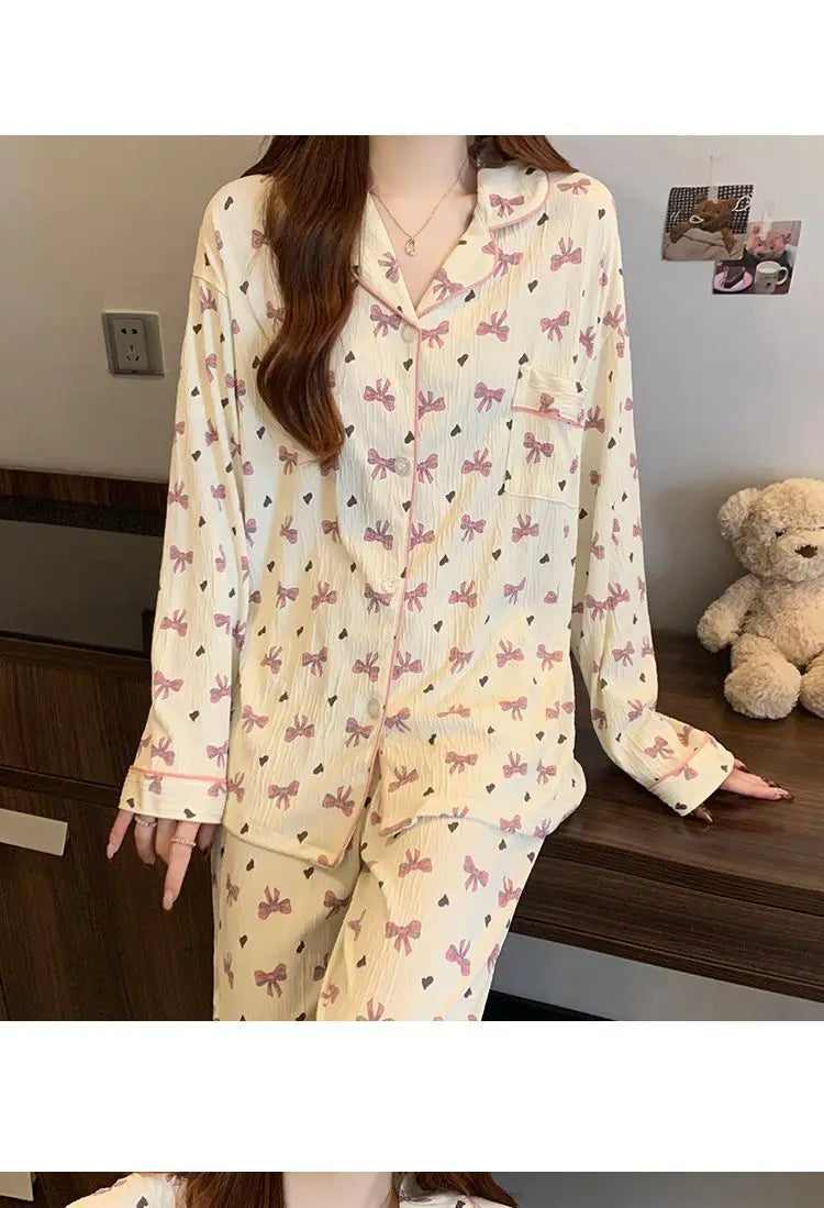 Spring and Autumn New Women's 2025 Printed Wrinkled Cloth Pajamas Girls Long-Sleeved Sweet Small Flowers Pajamas Homewear Set