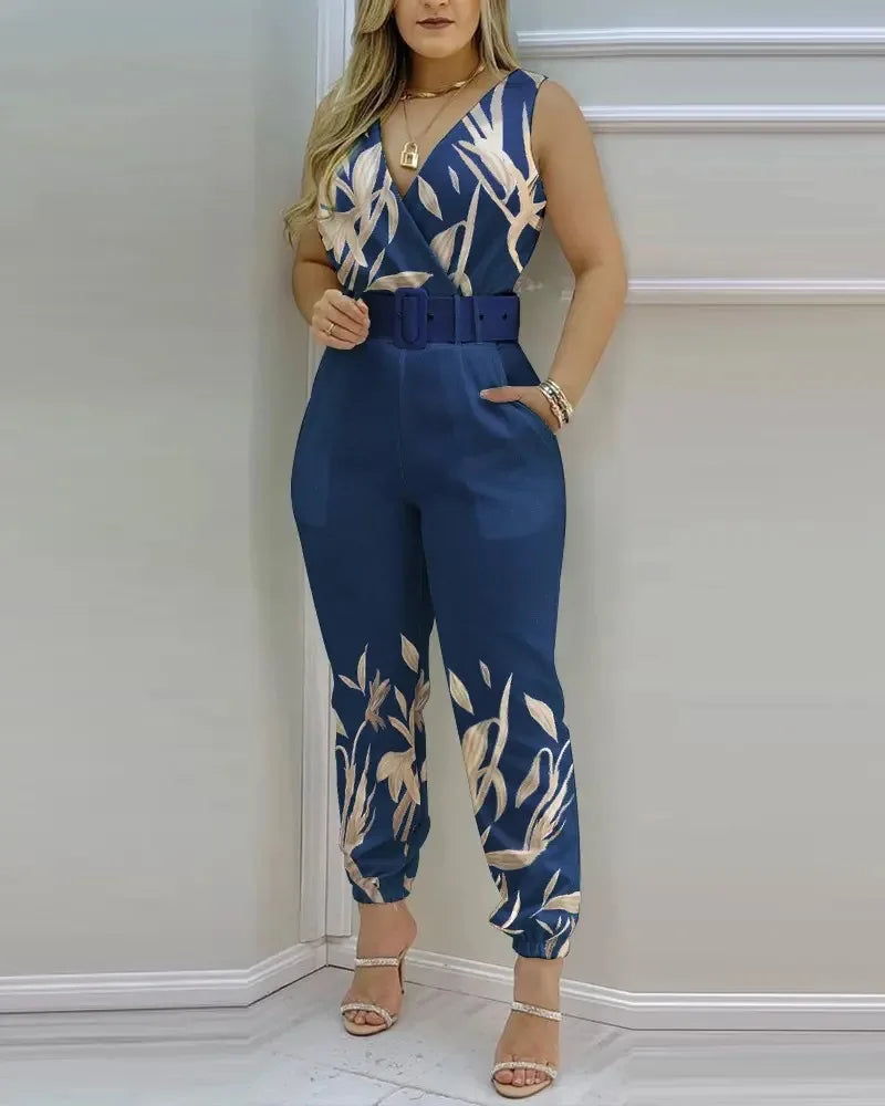 New Casual Women's Pants Women's V-neck Open Back Printed High Waist Jumpsuit Women (including Belt) Spring and Summer 2023