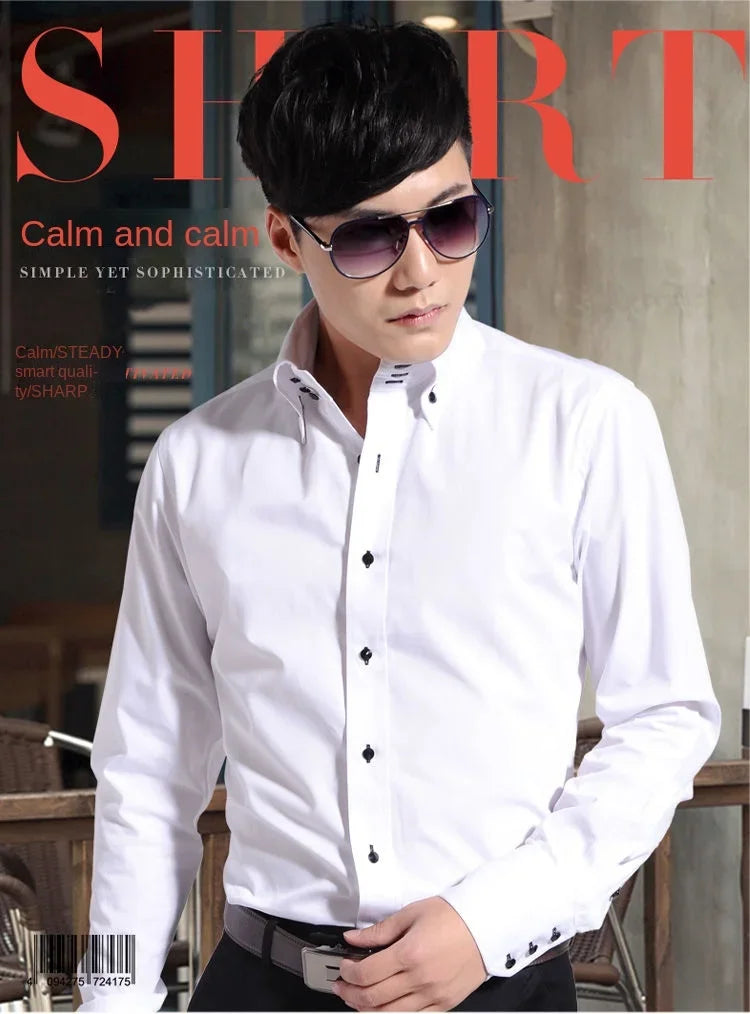Dress Shirt for Men Button-down Collared Formal Business Long Sleeve Casual Korean Fashion Slim Fit Male Designer Shirts White