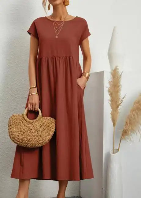 2024 Summer New Short Sleeved Women's Dress With Loose Casual Pockets Solid Color Round Neck Pullover Long And Elegant Dress