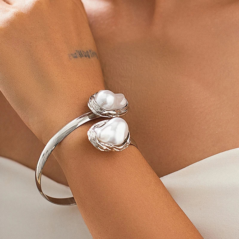 Elegant Baroque Imitation Pearl Choker Necklace Bangles Ring Earrings Set Women Chunky Circle Open Torques Collar Jewelry Set