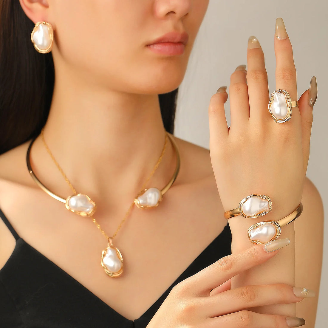 Elegant Baroque Imitation Pearl Choker Necklace Bangles Ring Earrings Set Women Chunky Circle Open Torques Collar Jewelry Set