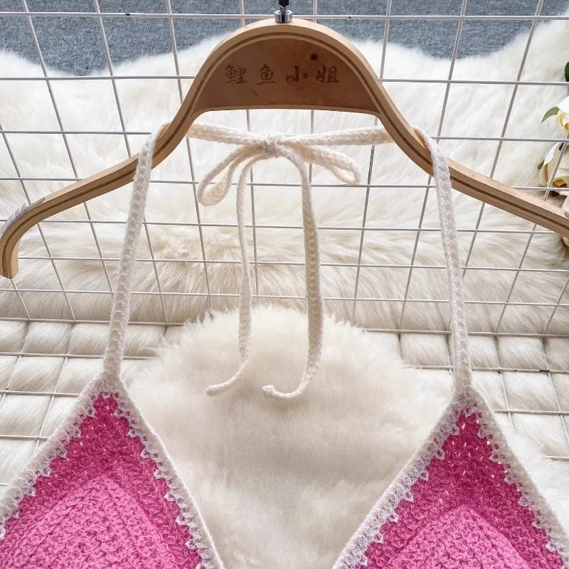 Vacation Style Camis Vest Women Patchwork Sweet Hook Flower Sexy Backless Suspender Camisole Hanging Neck Outwear Crop Tops