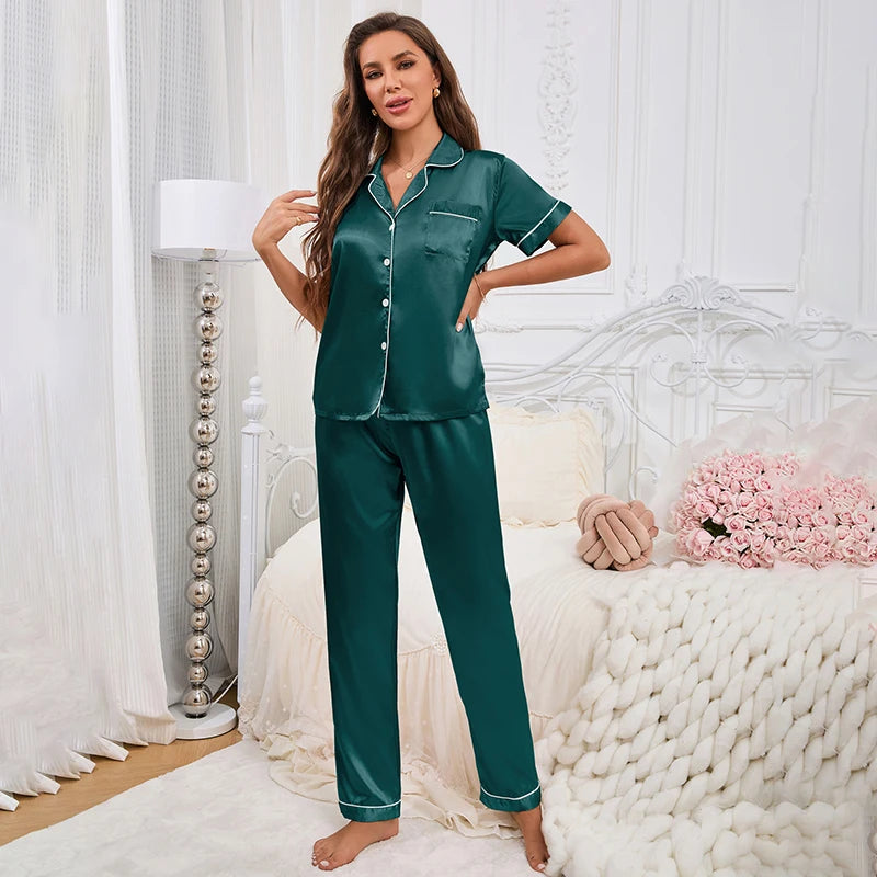 Satin Pajama For Women Home Clothes Pajamas Autumn Short Sleeve Turn-down Collar Tops & Pants Sleepwear 2 Piece Set Pyjama Femme