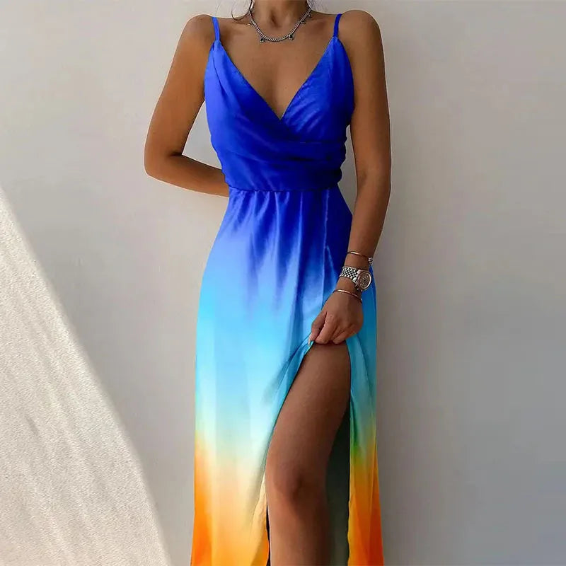 Women Print Dress Camisole V Neck Sleeveless A Line Long Dresses Spaghetti Strap Sexy Evening Skirt Prom Summer 2025 Vestidos