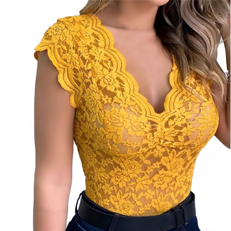 Summer Sexy V Neck Lace Vest Top Women Solid Sleeveless Tank Tops Female Elegant Floral Hollow Out Bodycon Clubwear T Shirt