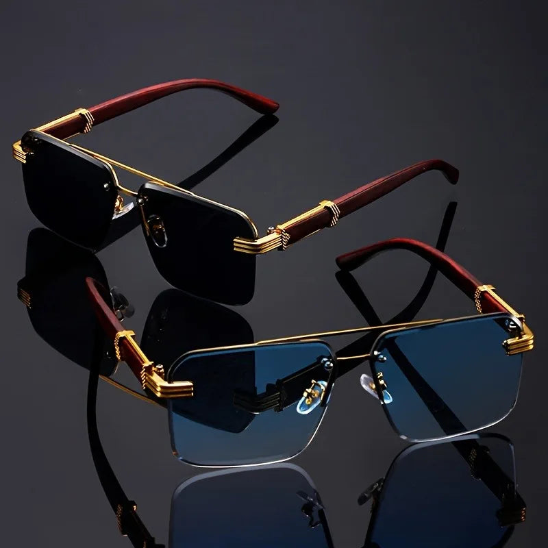 Trend Double Beam Rectangle Sunglasses Men Women Rimless Cut Edge Square Sun Glasses Fashion Frameless Wood Grain Shades UV400