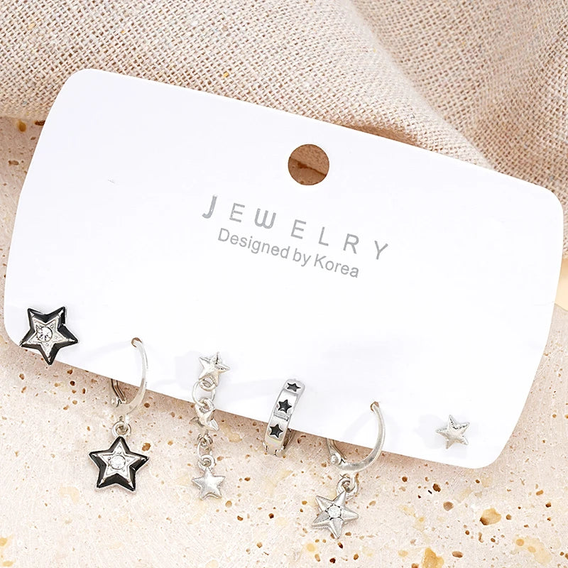 6pcs Set Earring Silver Color Star Dangle Earrings Vintage Metal Geometric Drop Earring for Women Fashion Trendy Y2K Jewelry
