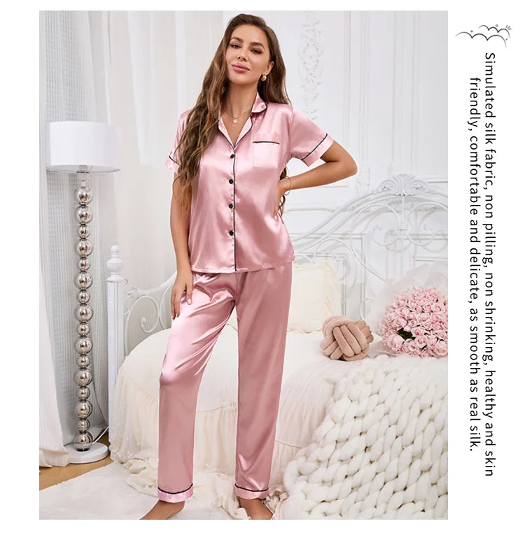Satin Pajama For Women Home Clothes Pajamas Autumn Short Sleeve Turn-down Collar Tops & Pants Sleepwear 2 Piece Set Pyjama Femme