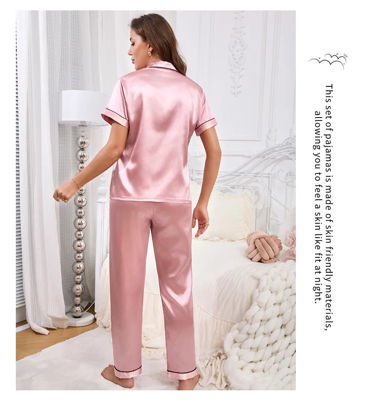 Satin Pajama For Women Home Clothes Pajamas Autumn Short Sleeve Turn-down Collar Tops & Pants Sleepwear 2 Piece Set Pyjama Femme