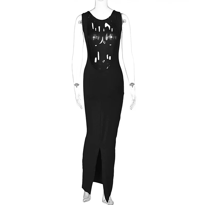 Sexy Open Back Backless Split Slim Bodycon Maxi Dress Women Sleeveless Solid Color Skinny Evening Long Dress Club Party Vestidos
