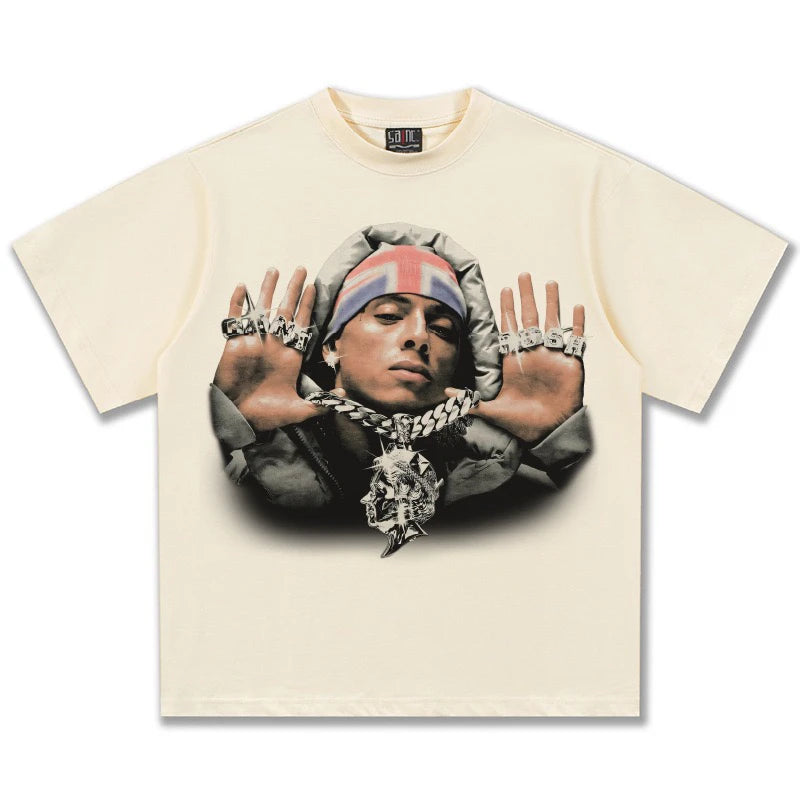 American Hip Hop Central Cee Character Printed Short Sleeve T-Shirt Men's Trend Brand Loose Cotton Versatile Couple Half Sleeve