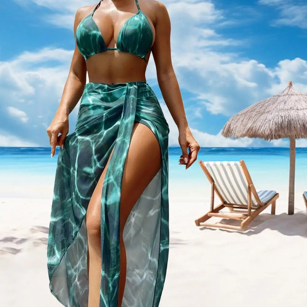 3 Pcs/Set Women Swimsuit Set Lace-up Halter Neck Bikini Set Wireless Summer Beach Swimwear Bathing Suit Wading Sports Clothes