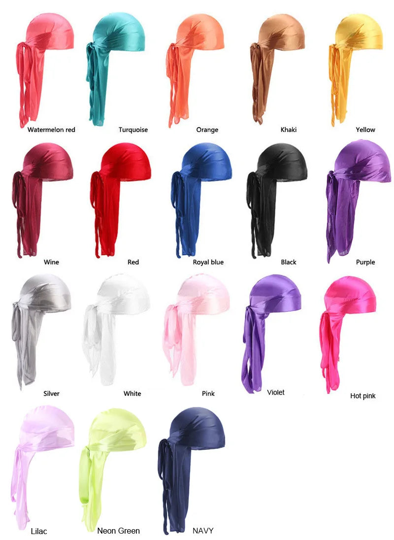 New Solid Color Casual Durag Silky Durag For Men Pirate Hat Chemo Caps Satin Bandana Elastic Turban Cap Cycling Hats
