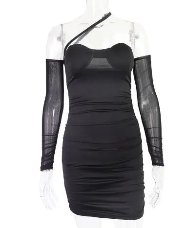 A 2025 new style long-sleeved, cinched-neck, fashionable nightclub-style short dress that wraps the hips