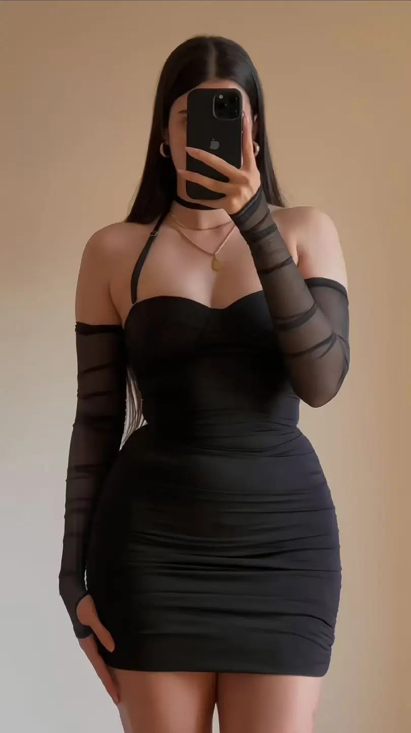 A 2025 new style long-sleeved, cinched-neck, fashionable nightclub-style short dress that wraps the hips