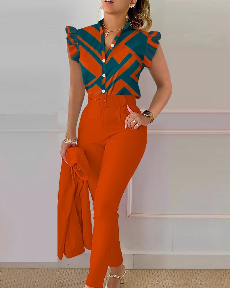 Spring Summer Women's New Printed Lotus Leaf Sleeveless Shirt Suit Elegant Slim Femal Office  Long Pants Belt Two Piece Set 2025