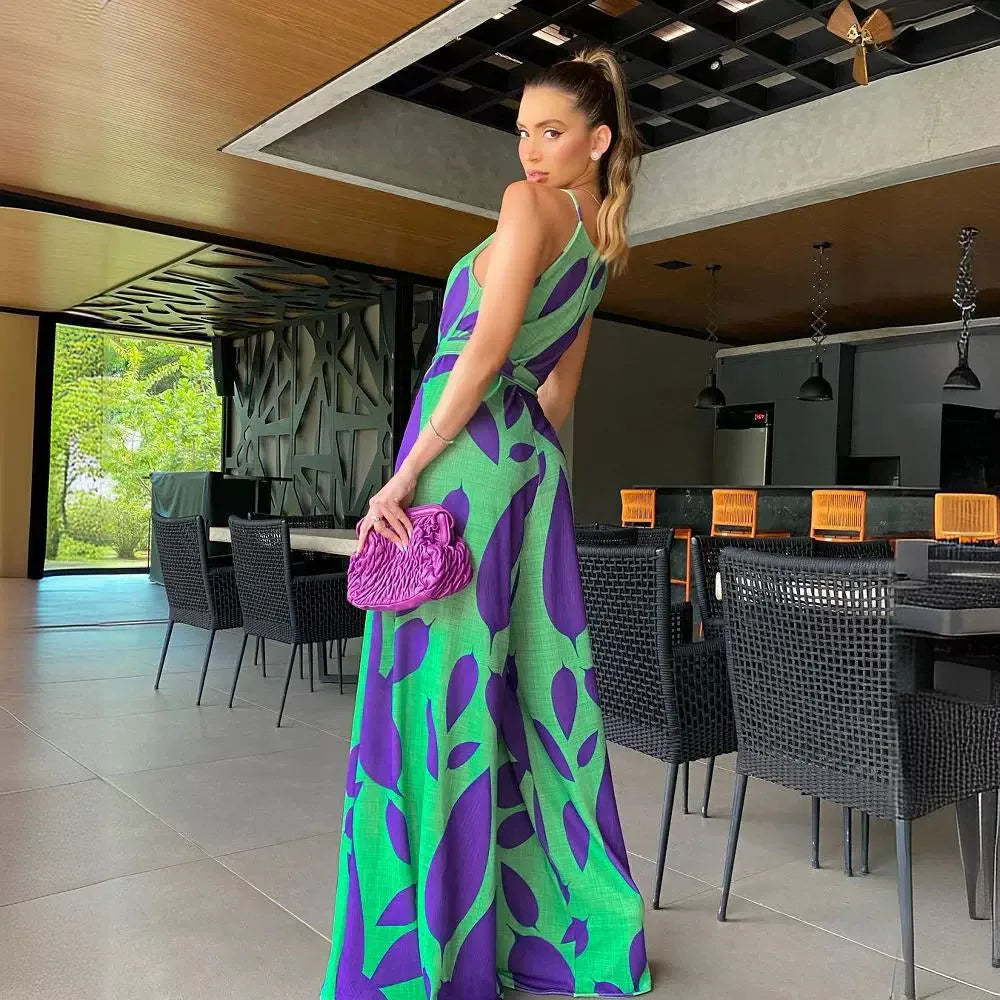 Jumpsuits Women One Piece Print Round Neck Sleeveless Casual Loose Tight Waist Overalls Wide Leg Long Pants Lace Up Rompers