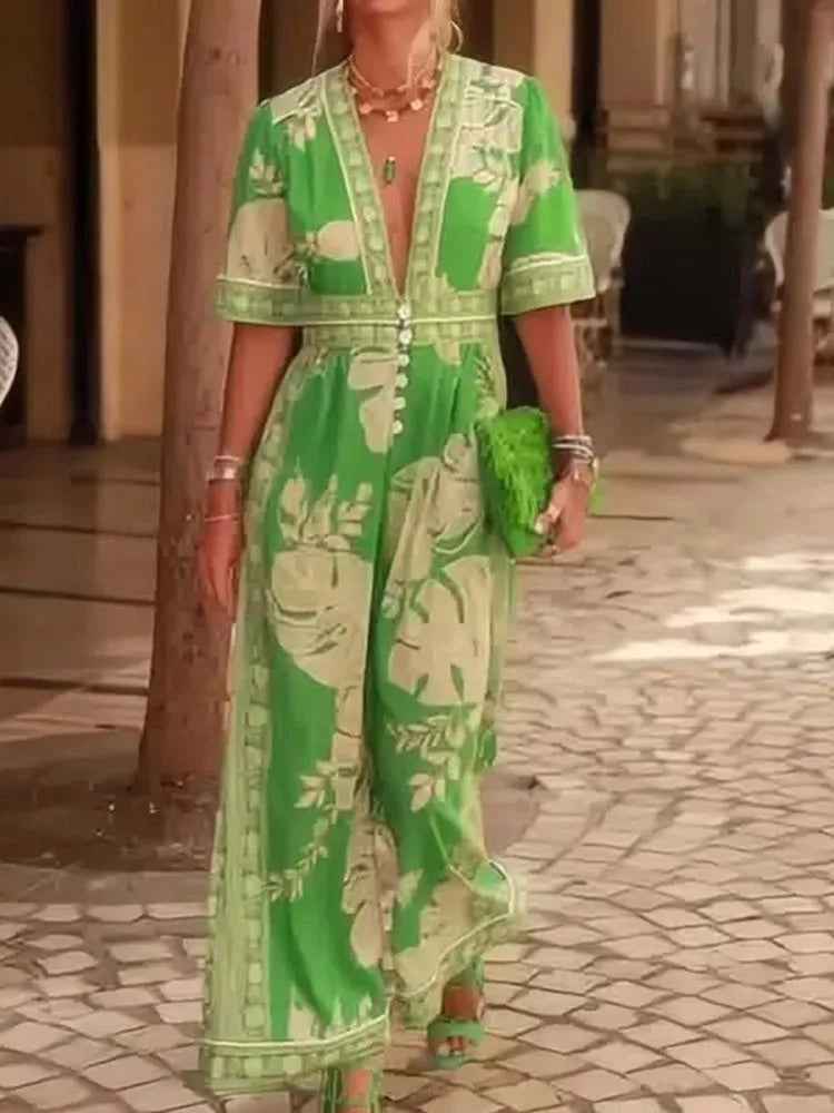 New Summer Printed V-neck Stylish Short-sleeved Jumpsuits Fashion Elegant Casual Office Holiday Party Jumpsuit  Women Clothes