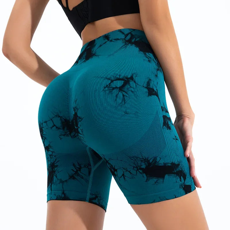 High Waist Yoga Shorts Women Seamless Push Up Shorts Gym Workout Running Shorts Tie Dye  Fashion Knit Slim Three Point Pants