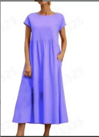 2024 Summer New Short Sleeved Women's Dress With Loose Casual Pockets Solid Color Round Neck Pullover Long And Elegant Dress