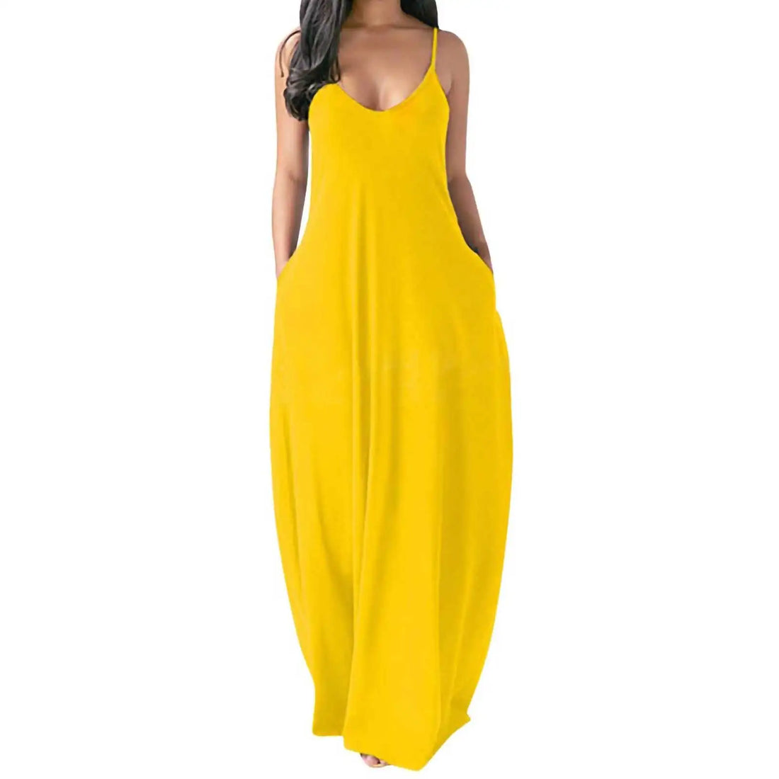 Women Pocket Long Dress Sexy V-Neck Sleeveless Loose Casual Dresses Summer Spaghetti Strap Solid Color Beach Maxi Dress S-5XL