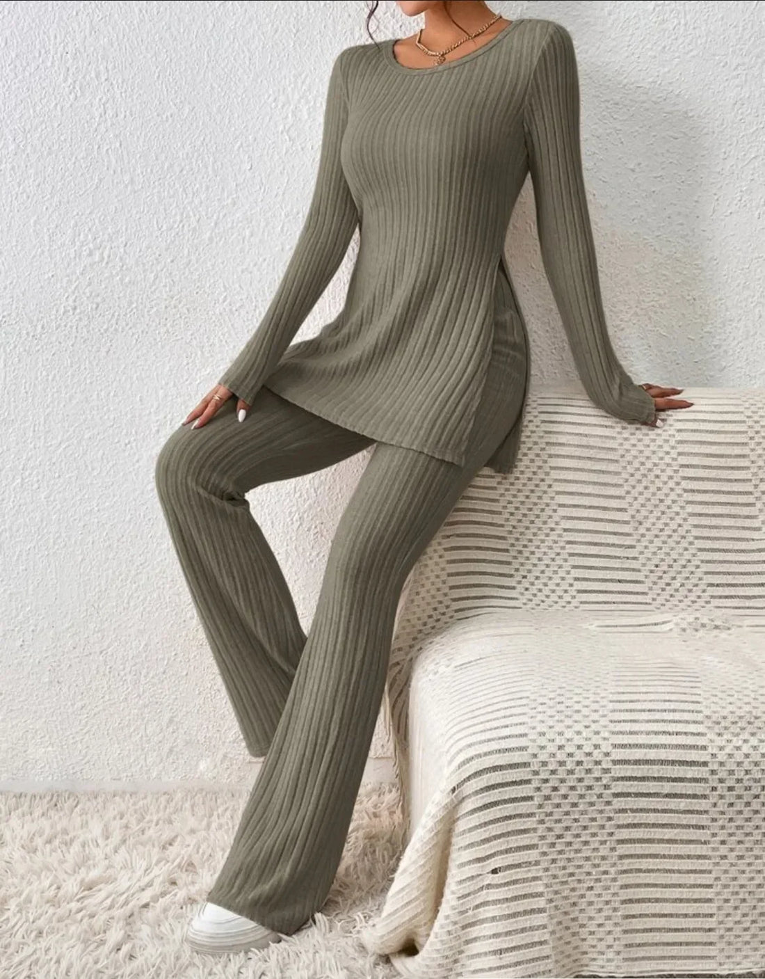 Autumn Winter Fashion Knit Suit 2024 Casual Loose Pullover+Elastic Long Pants Print Knitted Solid Two Pieces Sets Women Clothing