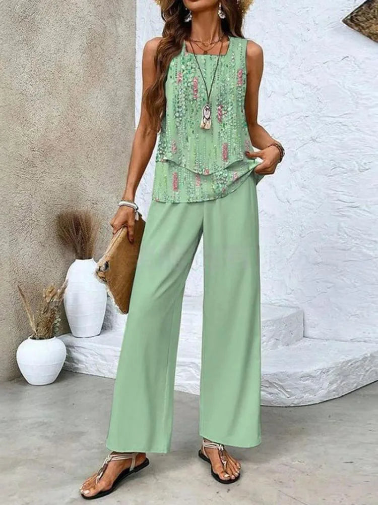 Elegant Square Collar Top Wide Leg Pants Two-piece Set 2025 New Women's Sleeveless Double-layer Vest Pants Set Woman Rompers