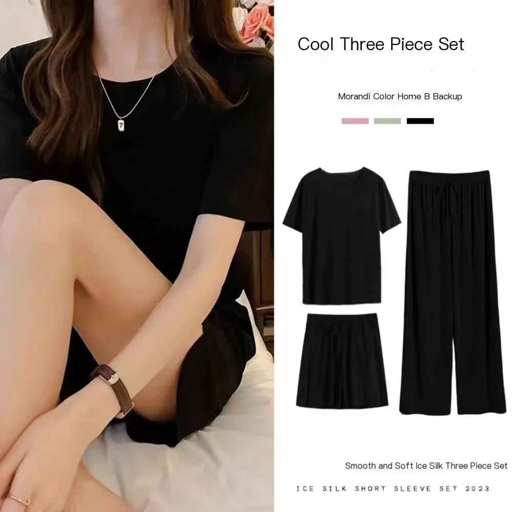 Ice Silk Pyjamas Three-Piece Set Women's Female Home Wear Trousers Simple Leisure Comfortable Loose Short-Sleeved Girl Sleepwear