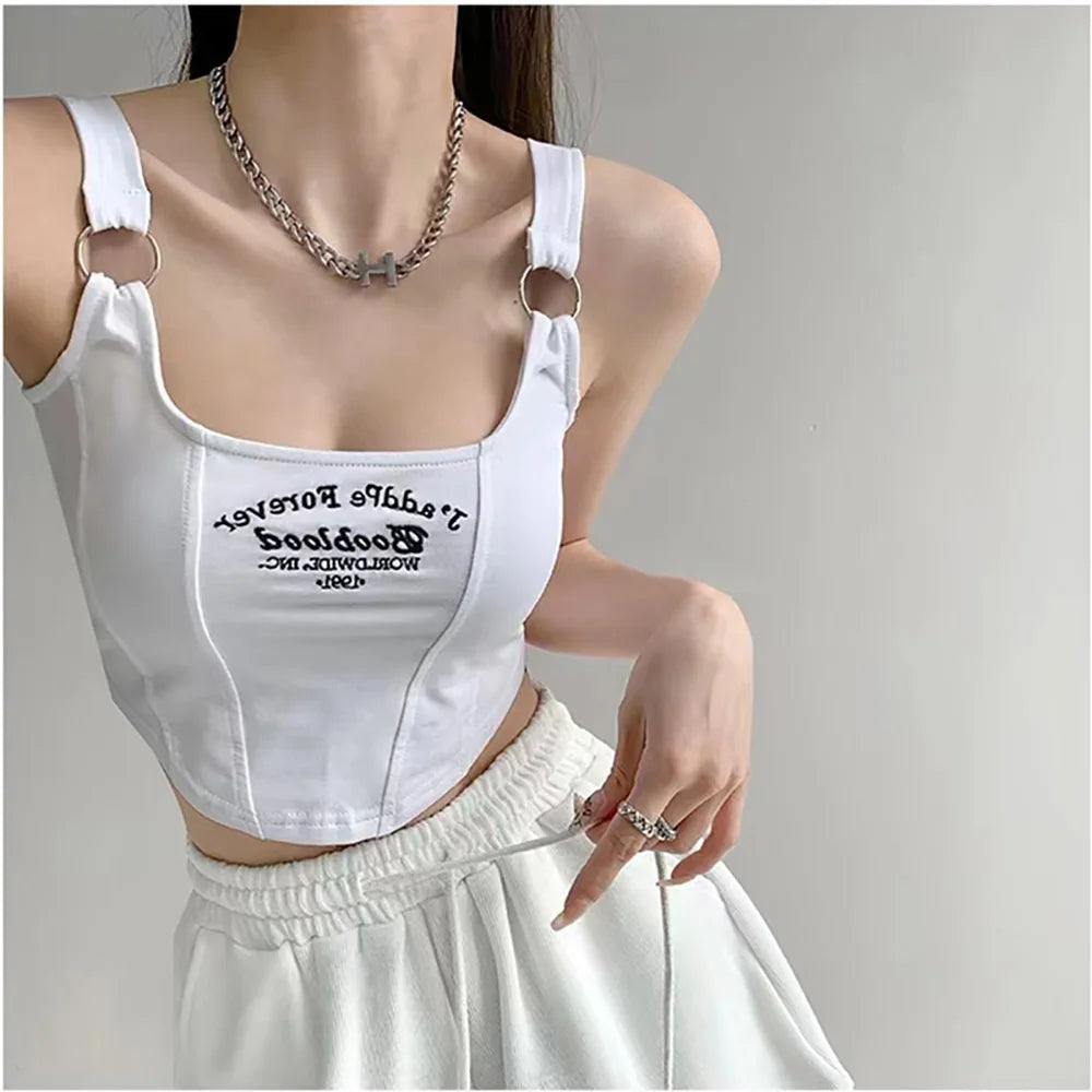 Women Embroid Letter Tank Tops With Bra Pad Casual Camis Y2K Crop Tops For Women Shoulder Belt Iron Ring Tank Tops