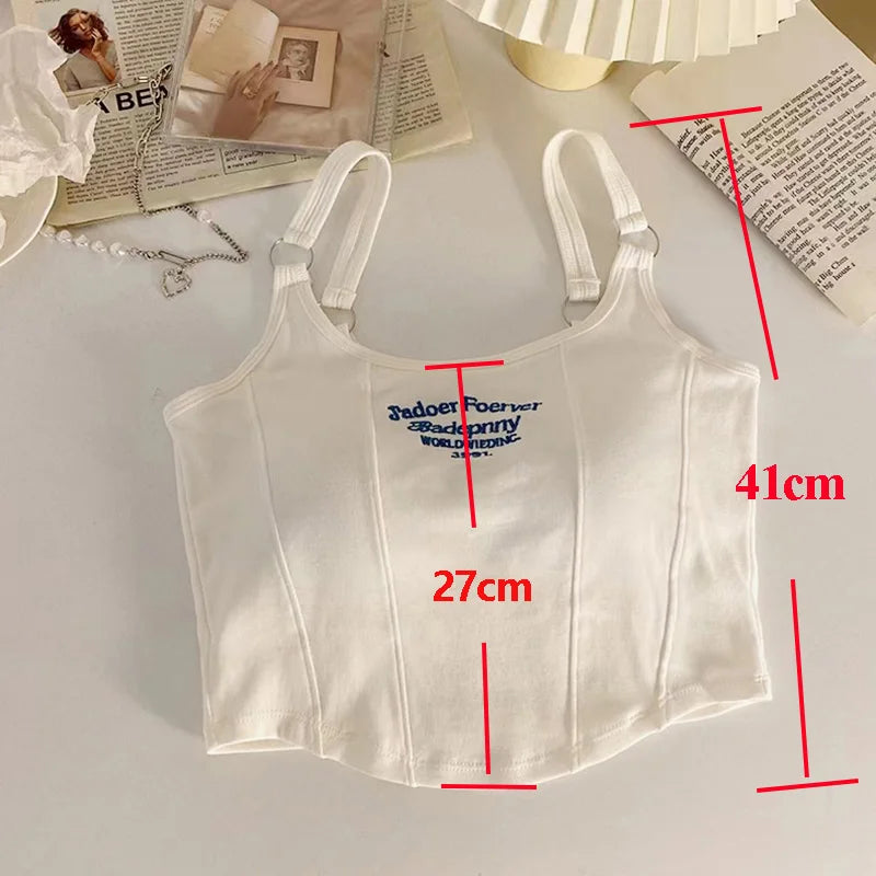 Women Embroid Letter Tank Tops With Bra Pad Casual Camis Y2K Crop Tops For Women Shoulder Belt Iron Ring Tank Tops