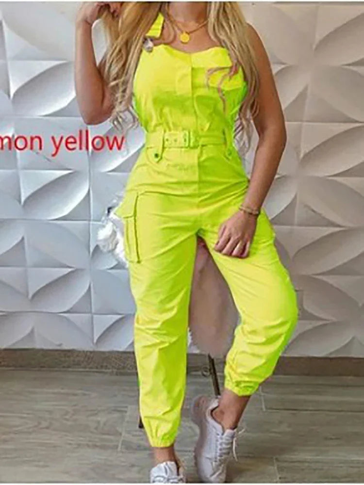 Sleeveless Cargo Long Jumpsuits For Women Casual Slim Solid Basic Women's Overalls Fashion Vintage Summer Playsuits
