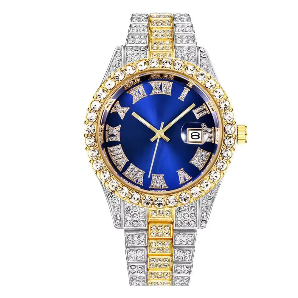 Luxury Full Diamond Men Watches Fashion Stainless Steel Strap Male Quartz Wristwatches Date Calendar Watch Reloj Hombre