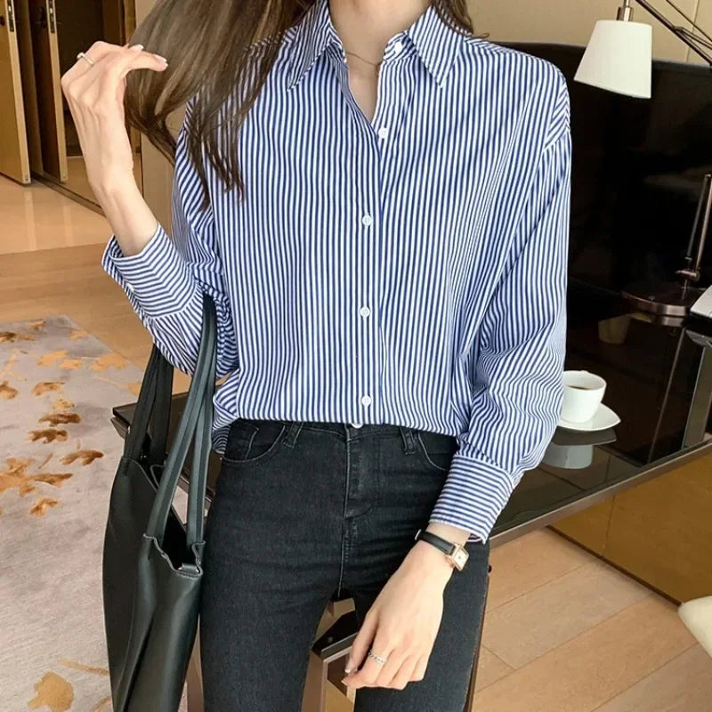 Korean Loose Shirt Classic Striped Woman Spring Autumn Blouses Shirt Lady Long Lantern Sleeve Stand Collar Loose Blusas Tops