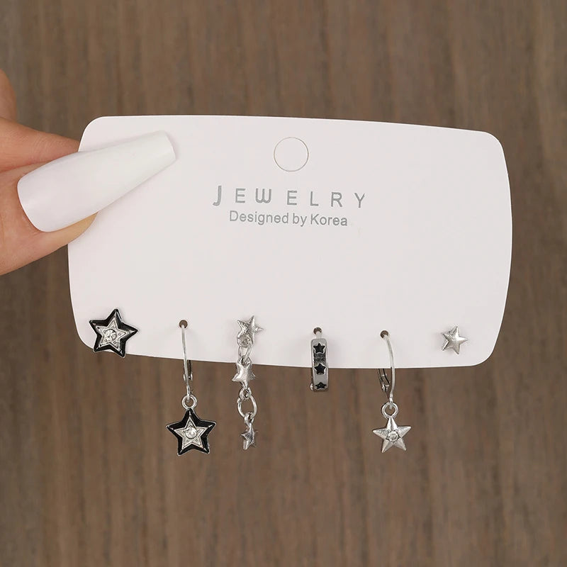 6pcs Set Earring Silver Color Star Dangle Earrings Vintage Metal Geometric Drop Earring for Women Fashion Trendy Y2K Jewelry