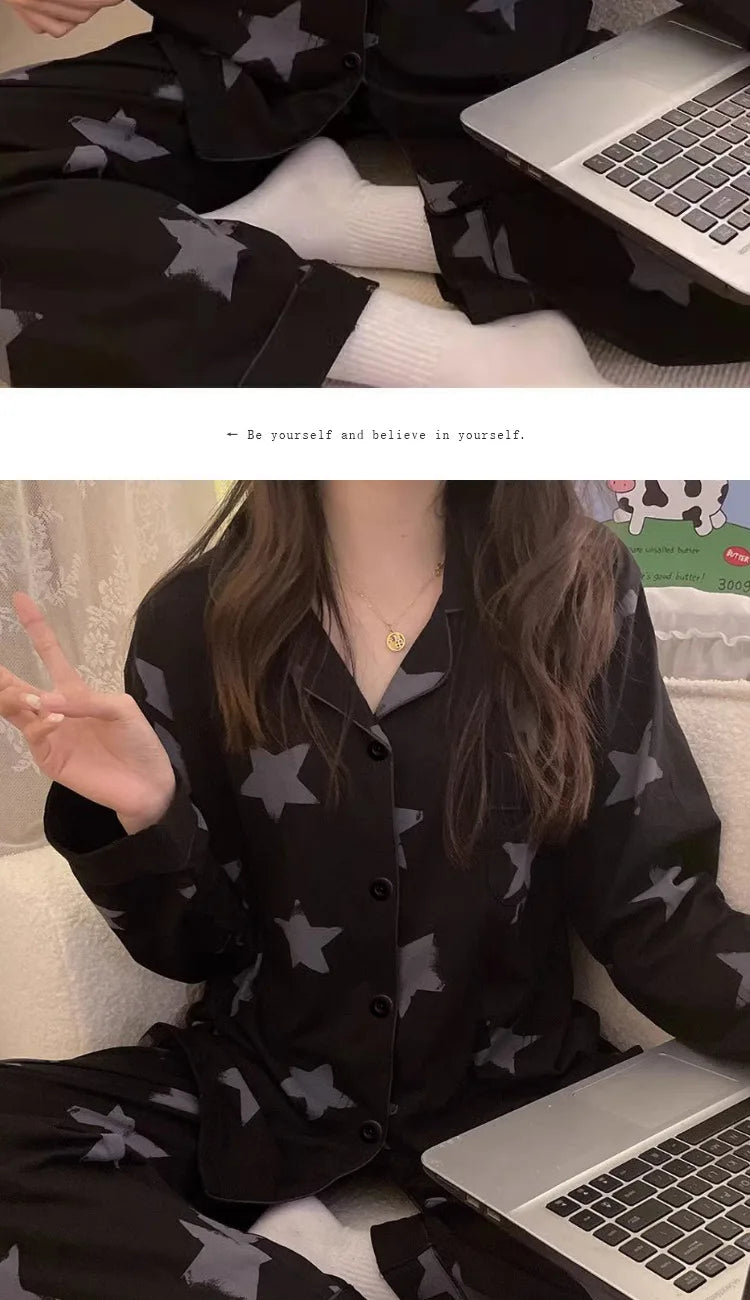 Spring and Autumn New Ladies Korean Pajamas Homewear Set Girls Students Long-Sleeved Pajamas Senior Sense of Homewear Set