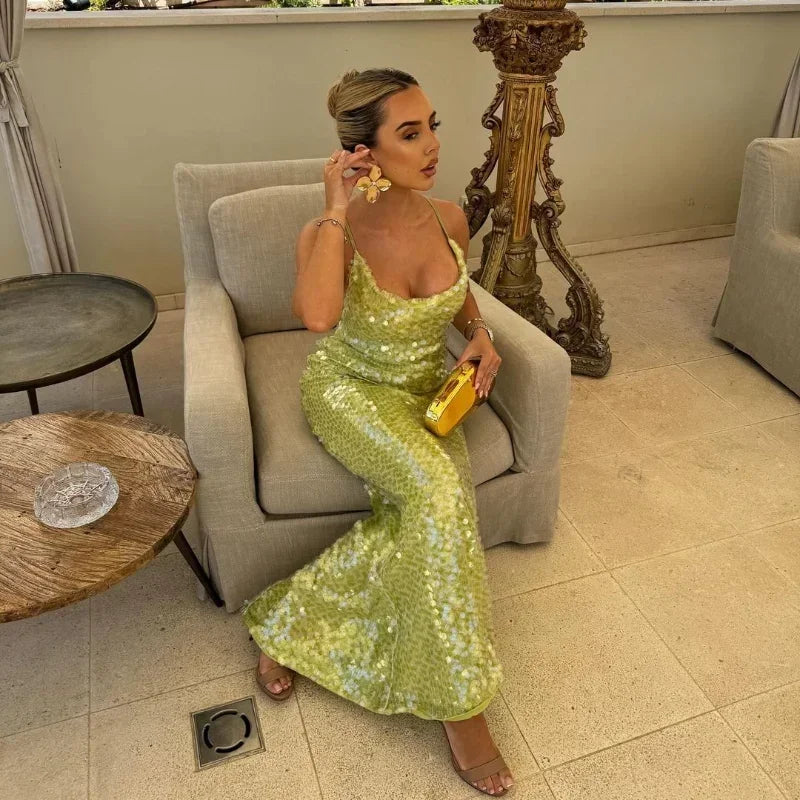 Sexy Sequins Backless Long Mermaid Dress Women Bodycon Halter Neck Sleeveless See Through Party Dresses 2024 Autumn Evening Gown